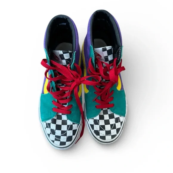 Vans Sk8 Hi Top Shoes Custom 90s Theme Checkered Multicolor Skater Punk M6.5 W8 - Picture 6 of 8
